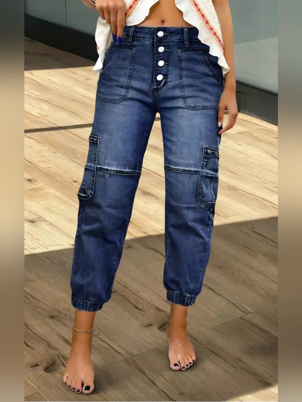 Flamingals Multi Pocket Button Fly Mid Rise Straight Leg Crop Jeans Medium NWT
